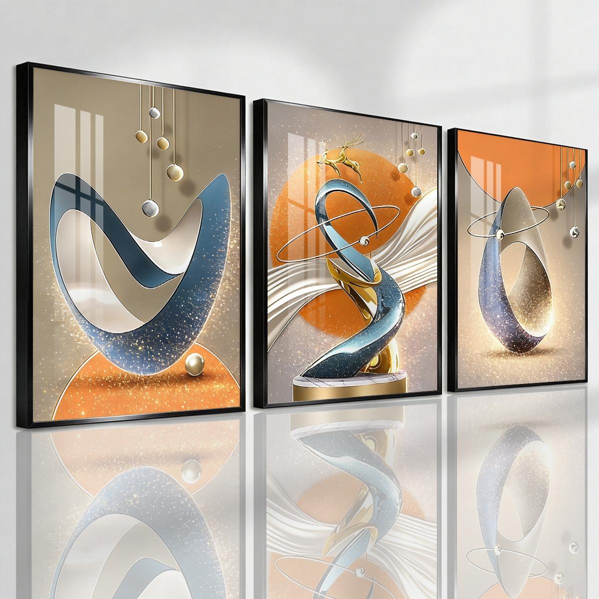 3 Counts Aluminum Alloy Framed Painting, Modern Abstract Geometric Sculpture Art Pictures, Home Decoration For Living Room, Bedroom, Office, Restaurant, Hallway Wall Decor, Odorless Print Artwork, Luxury Perfect Gift For Friends And Family