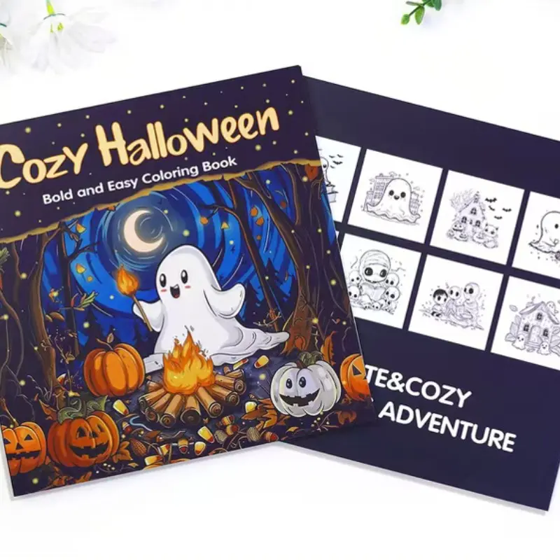 Comfortable Halloween Coloring Book, Cute Ghost Pumpkin Campfire Illustrations, Stress Relief Painting Book, Perfect for Kids Adults Teens