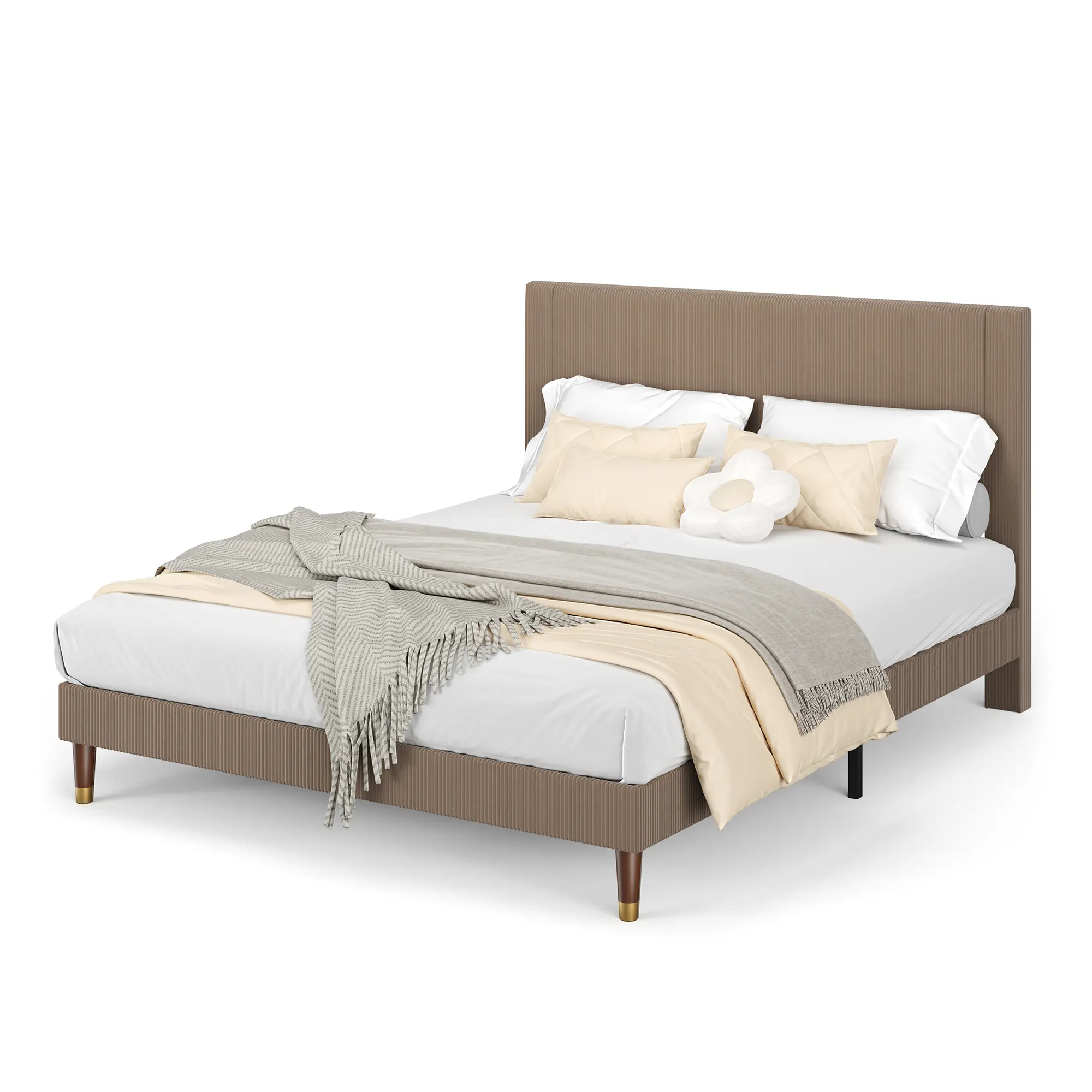 Modern Upholstered Platform Bed Frame with Headboard, Sturdy Metal & Wooden Slat Support, Comfy Corduroy Fabric Noise-Free Bed Frame, No Box Spring Needed, Easy Assembly in Full & Twin Sizes, Beige