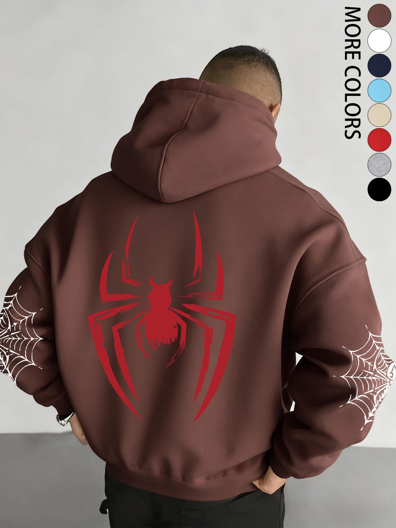 Men's Fall/Winter Spider-Print Hooded Sweatshirt with Drawstring and Kangaroo Pocket, Casual Street Fashion Hoodie, Casual Streetwear Hoodie, Comfortable Fabric, Fitted Graphic Sweatshirts