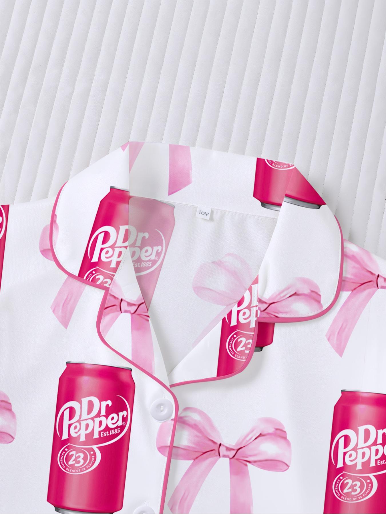 Dr Pepper Soda Bottle Bow Print Long Sleeve Pajama Set, Comfortable Fireproof Sleepwear, Loungewear, Fall Winter Home Wear, 2 Piece Set