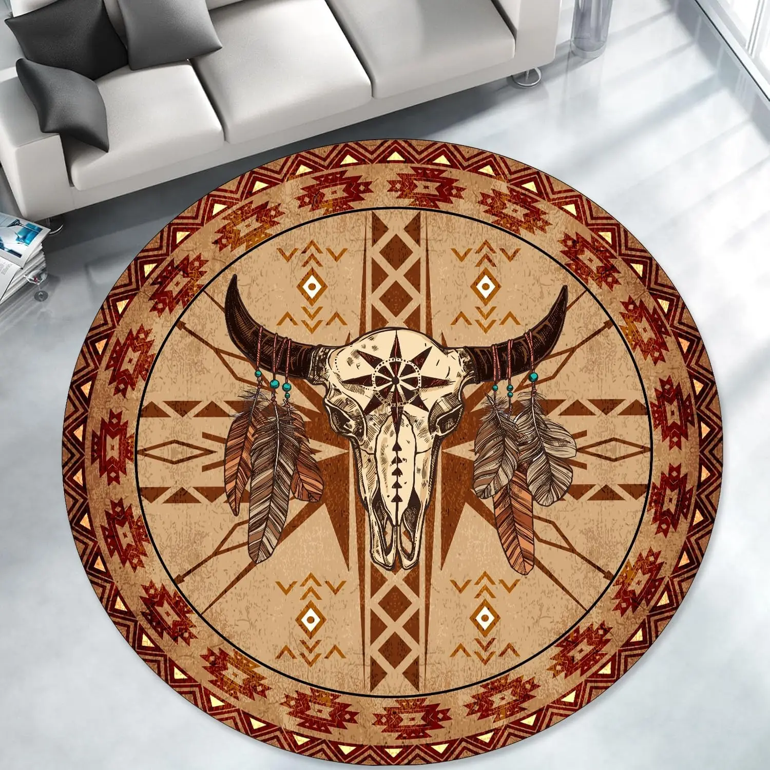 Round Flannel Rug Round Western Area Rugs,3ft, Native American Rug,Feather Bull Skull Large Washable Southwestern Rugs,Brown Ultra Soft Vintage Moroccan Aztec Rug ,for Living Room Dinning Room Bedroom
