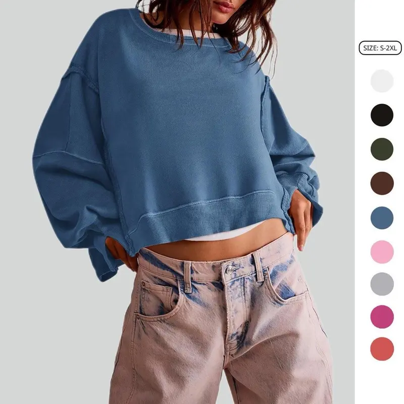 Imily Bela Womens Cotton Casual Sweatshirt Long Sleeve Tops Crewneck Loose Fit Tee Pullover Crop Tshirt Side Slit Fall Fashion Halloween Orange Christmas Red GreenBasic Tops Chic Tops