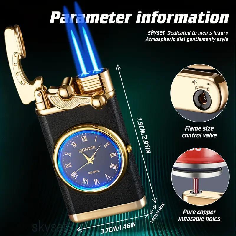 Windproof Lighter with Vintage Analog Clock Face, Black Ice Retro Design, Adjustable Blue Flame Butane Lighter (Butane Not Included), Refillable Windproof Torch Lighter for Camping Hiking Gifts for Men