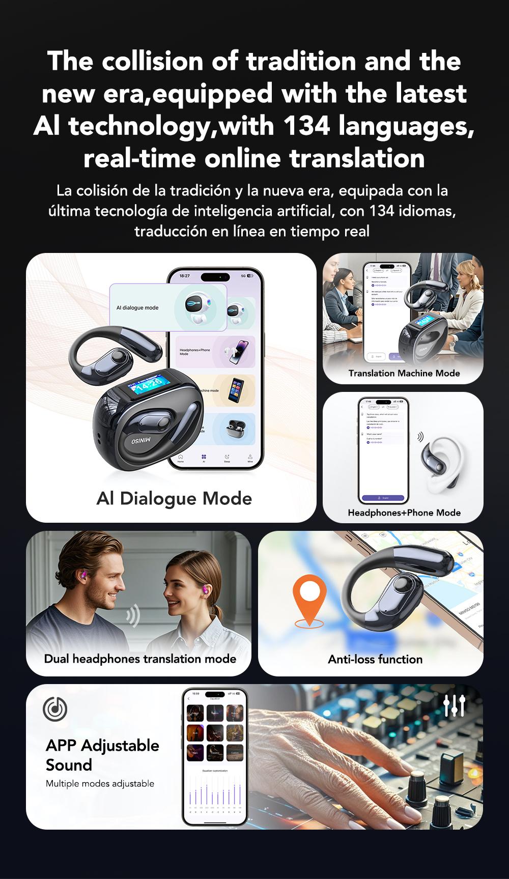 MINISO MS193 AI Translation Earbuds Open Ear Wireless Headphones 134 Languages Translatable Bluetooth Smart Earphones with APP LCD Screen Display Charging Case