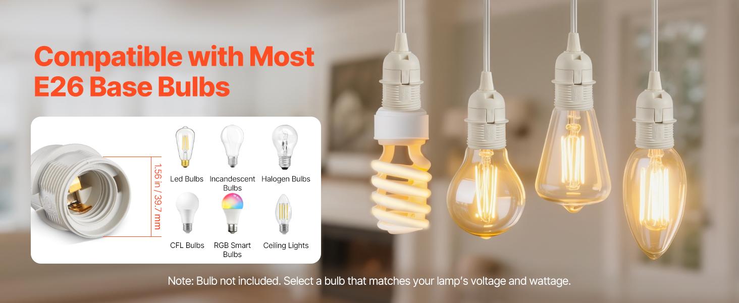 VEVOR Plug in Hanging Light Cord Kit, 16ft Lantern Extension Cords, 2 Pack E26 Light Socket Lamp Cord Replacement, Secure Sturdy, Easy to Install, Pendant Lamp Kit On/Off Switch Socket Rings