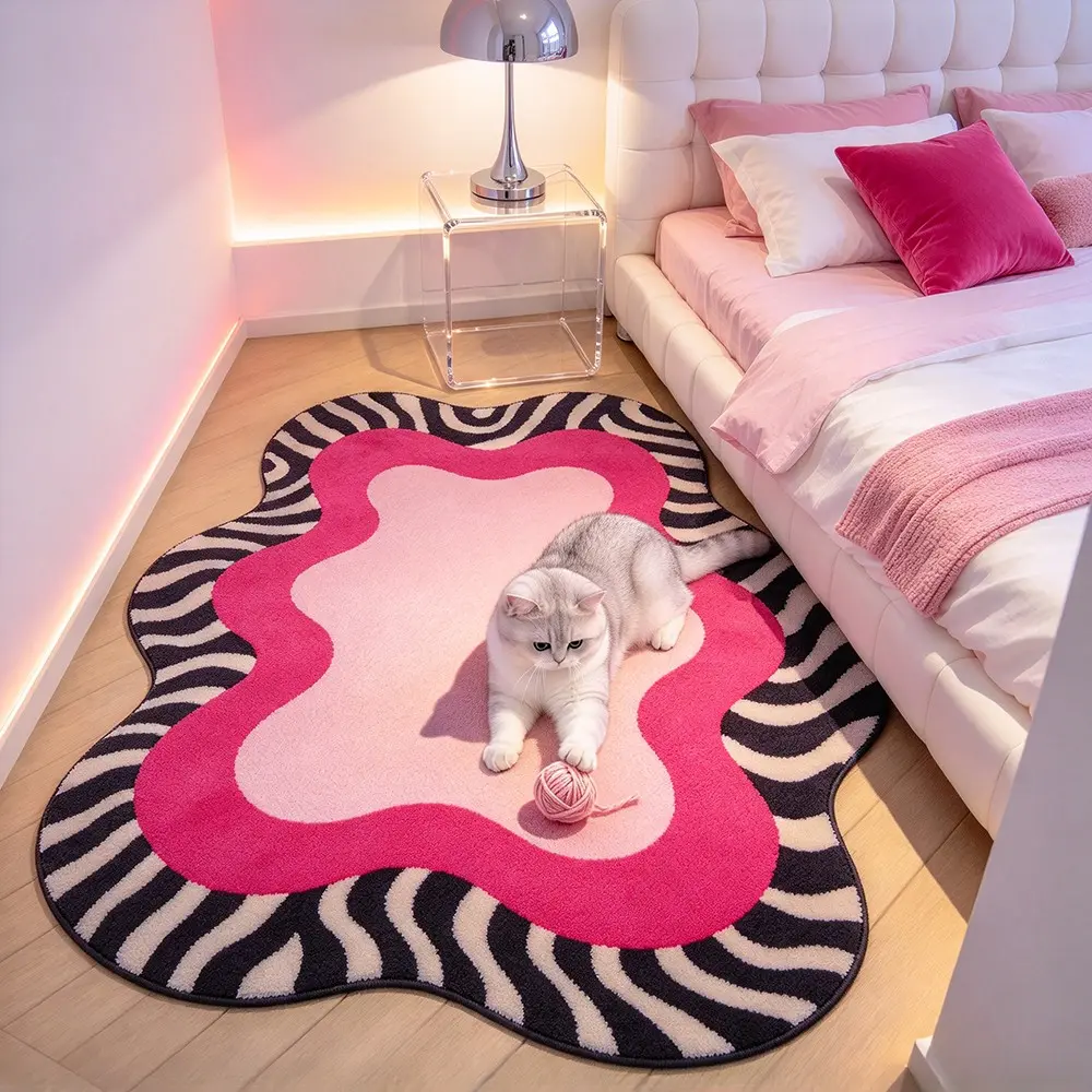 Pink Rose Wave Edge Zebra Pattern Rug, Y2K Fashion Artistic Color Block Luxury Washable Foldable Non-Slip Plush Carpet, Living Room Bedroom Decor