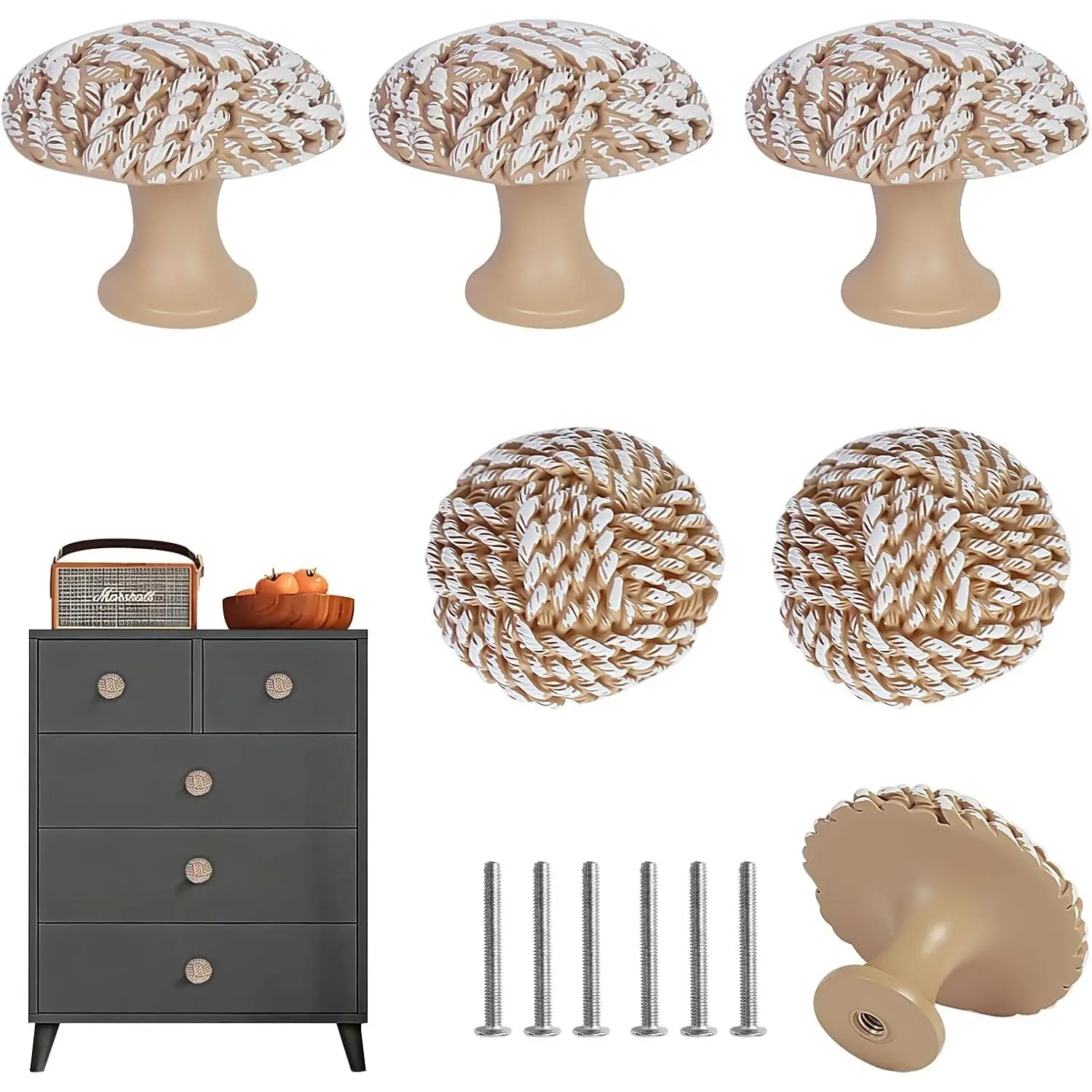 Coastal Cabinet Knobs Set of 6, Boho Rope Drawer Knobs | Brown  cabinet knobs with a woven rope design for dressers, bathroom vanities and kitchen cabinets.