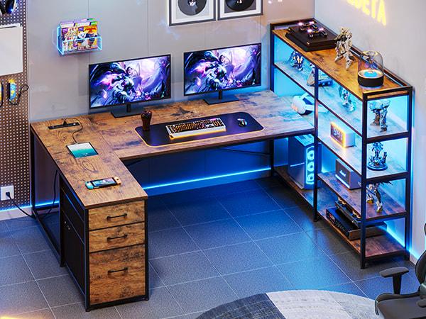 Sedeta 64.5 inch LED L-Shaped Gaming Desk with Storage Wooden Top Metal Frame Space-Saving Corner Desk for Bedroom Office APP Control Adjustable Monitor Arm