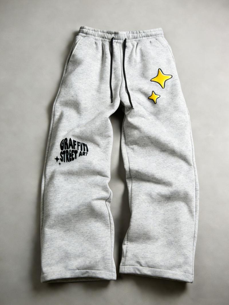 Men's Black "Graffiti Street Art" Star Graphic Wide-Leg Sweatpants - Trending #UrbanStreetStyle, Hot-Selling Fashion Bottoms for Daily/Cool Looks, Must-Have in Men's Apparel with Street Art Aesthetic & Relaxed Silhouette