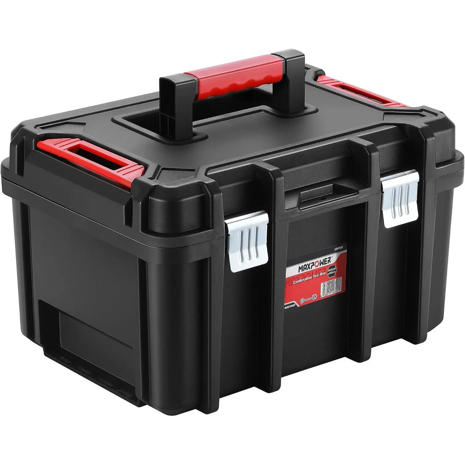 16-inch Stackable Box, with Metal Latches, Removable Tray | Deep Plastic box, Black, Pack of 1