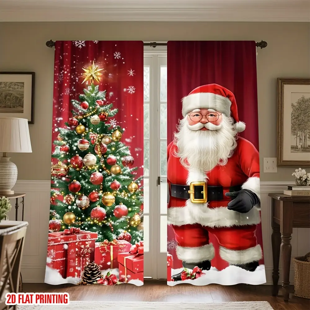 2-Piece set, Holiday Santa Curtains - Christmas tree and snowflake design, red and gold holiday decoration, easy to hang curtain rod pocket, suitable for living room bedroom office kitchen home decoration, Christmas decoration.