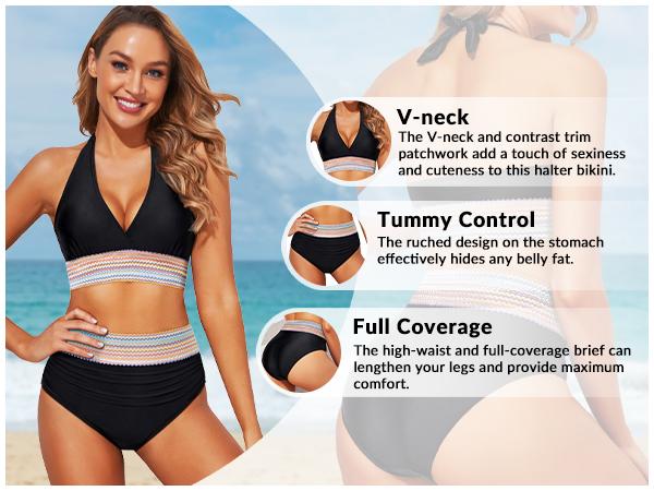 Yonique Women High Waisted Tummy Control Bikini Swimsuit  Halter Bikini Top Push Up Color Block Two Piece Bathing Suit