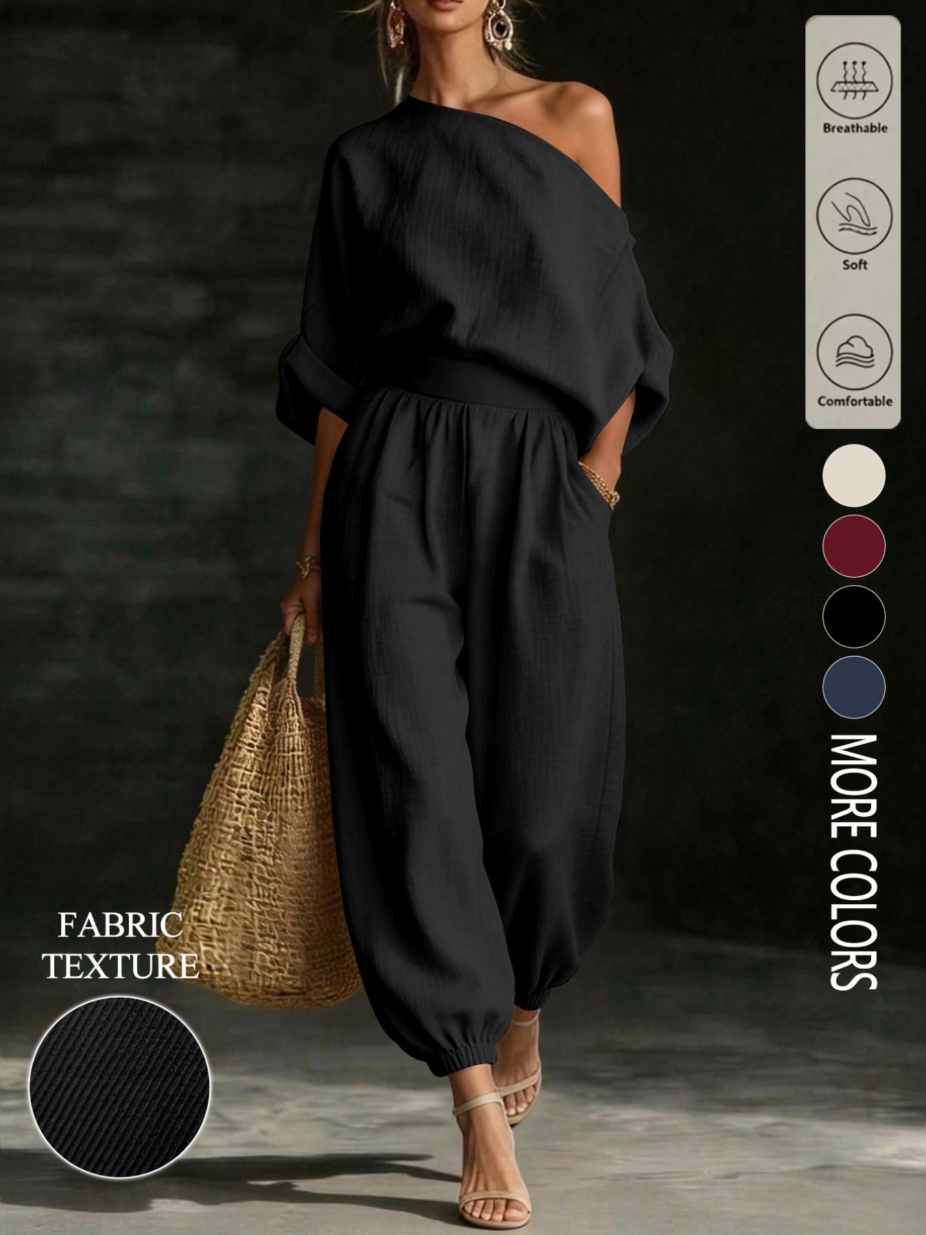 Women's solid color casual asymmetrical neck top paired with elastic waist trousers, a country-style two-piece set, Everyday suitable for daily commuting and all seasons.