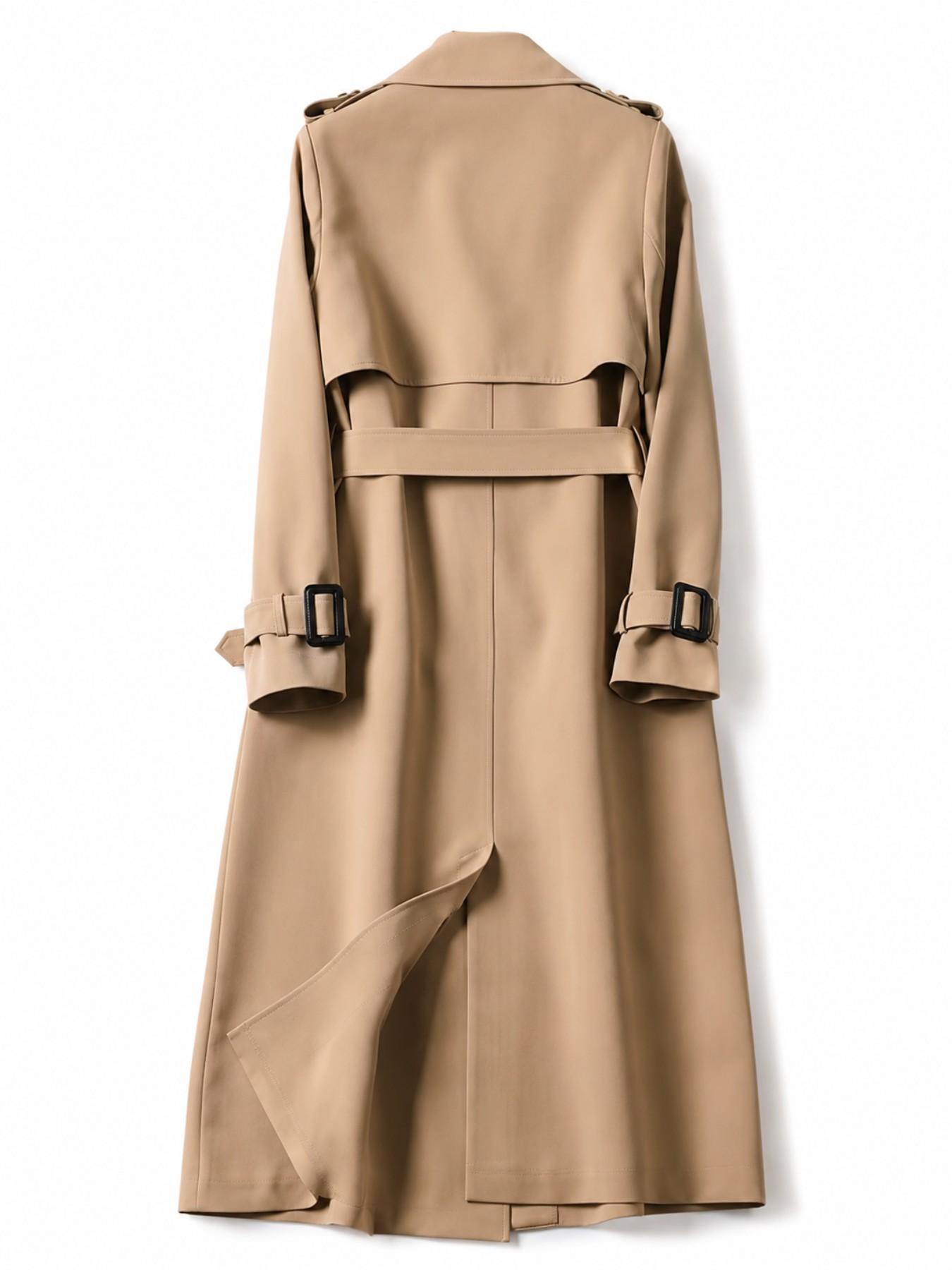 Women’s Long Trench Coat, Double Breasted Belted Overcoat with Lapel Collar and Adjustable Cuffs, Elegant Fall Business Casual Outerwear