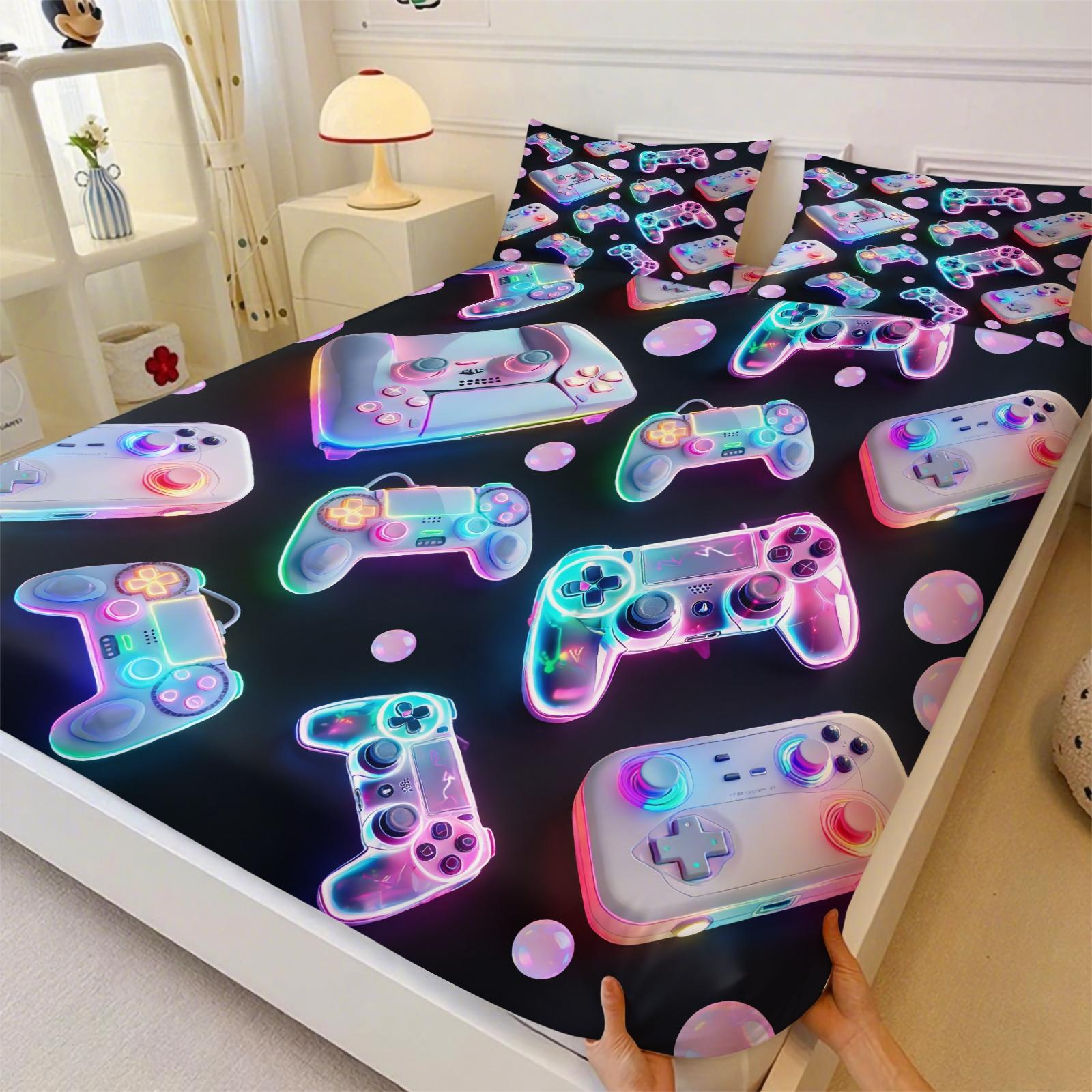 3-Piece Neon Game Controller Bed Set Fitted Sheet Set, Cyberpunk Style, Soft Skin-Friendly Fabric, Ideal for Gaming Rooms, Boys' Dorms, Comfortable & Stylish