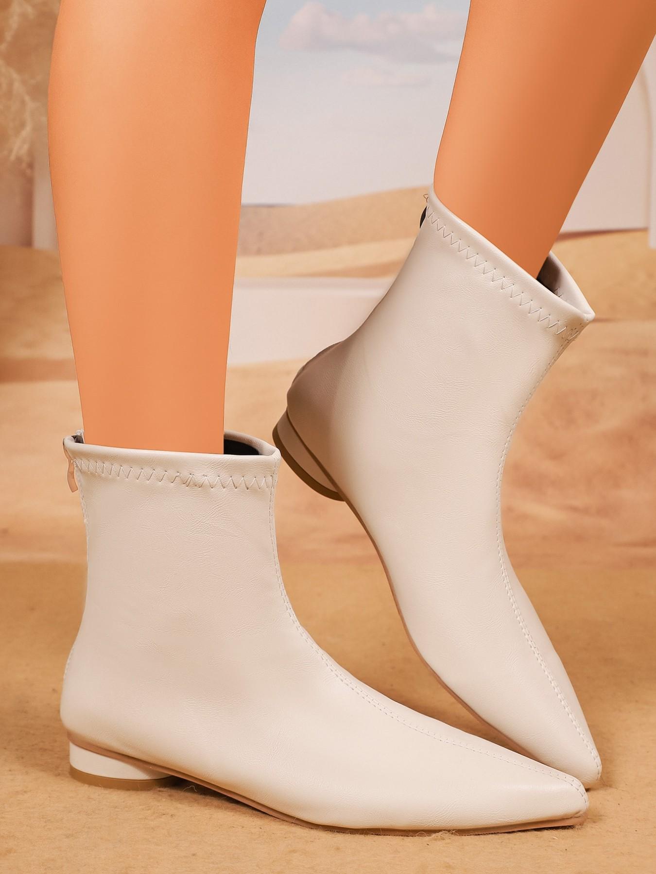 Elegant Pointed Toe Low Heel Elastic Short Boots, Soft Leather Slimming Nude Boots, Daily Commute Versatile Ankle Boots, Autumn Winter Fashion