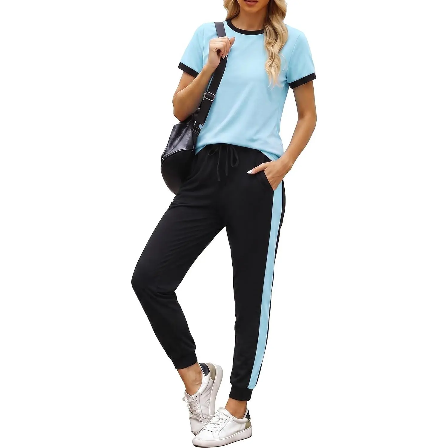 Women's 2-Piece Casual Cotton Fabric Block Color Tracksuit Set - 2026 Summer Short Sleeve Top, Jogger Pants for Travel