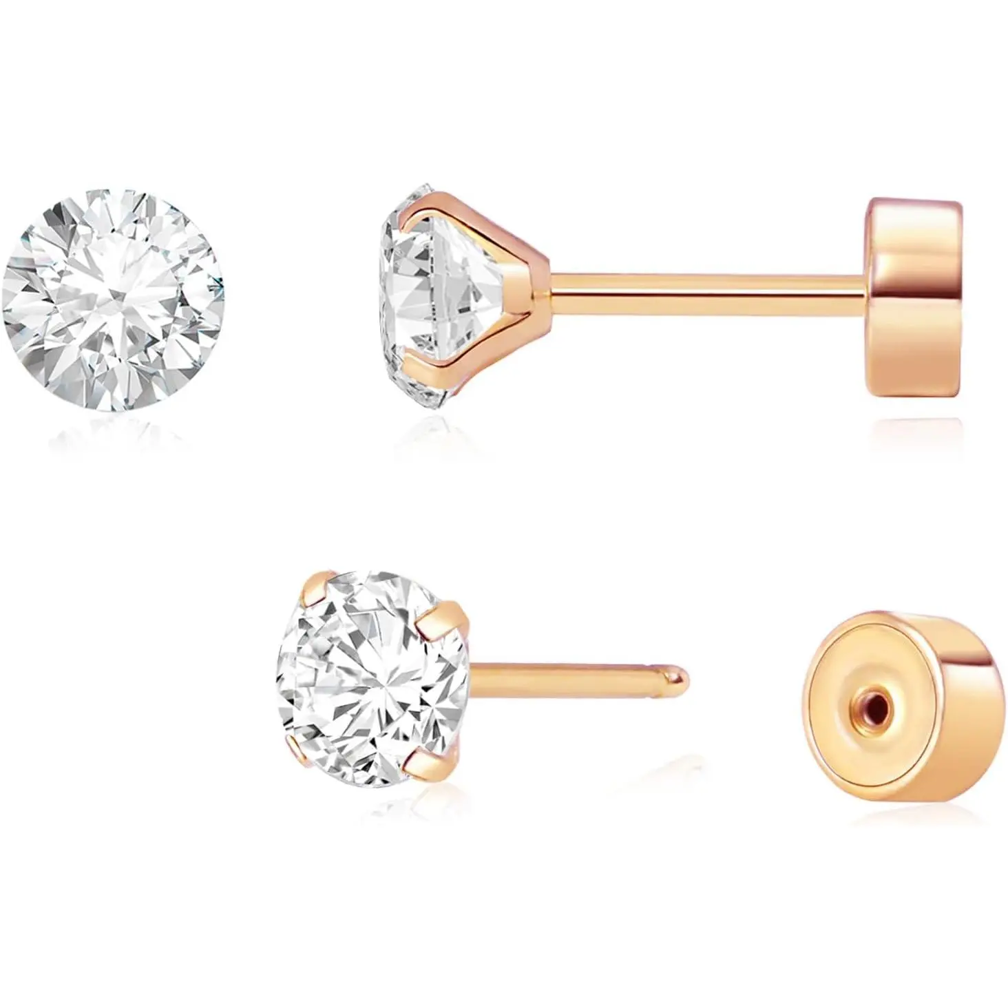 Threadless Flat  Earrings,  14K Real  Plated CZ Stud Earrings | Cartilage Earring | Tragus Helix   | Push in Flatback Earrings for Women Men