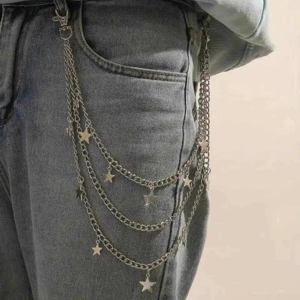Men personality Star Charm Layered Street Style Pant Jeans Chain Belt women Punk pentagram decorative belt