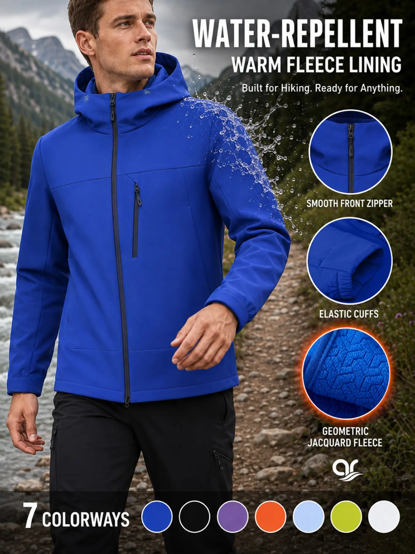 AR Men’s Hooded Softshell Jacket, Water-Resistant Windproof Fleece-Lined Outdoor Coat with Zip Pockets for Hiking, Cycling, Camping, Travel & Daily Wear