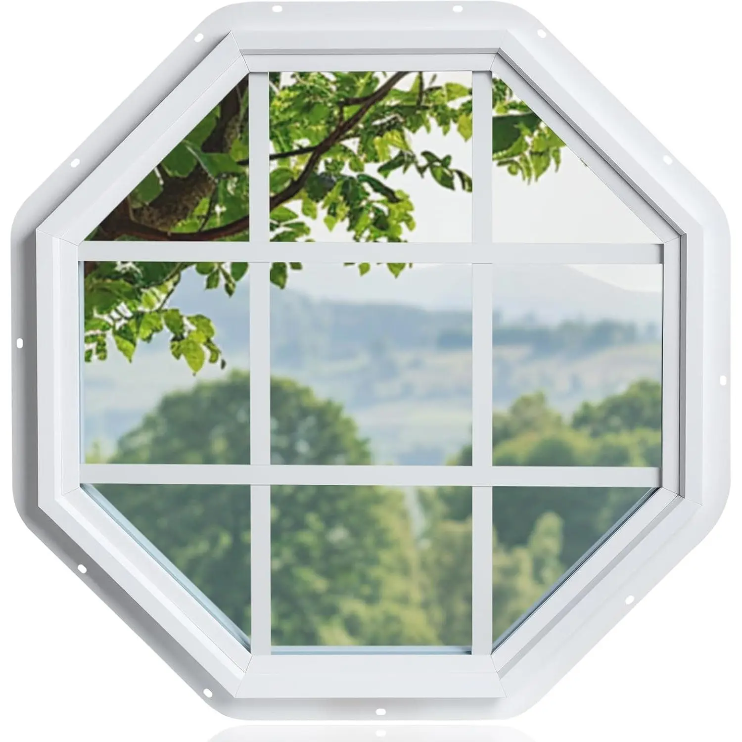 24"x24" Vinyl Octagon Window with Grill,Low-E Glass with Argon Gas,Double-Pane Insulated Tempered Clear Glass Octagon Fixed Window and Picture Window