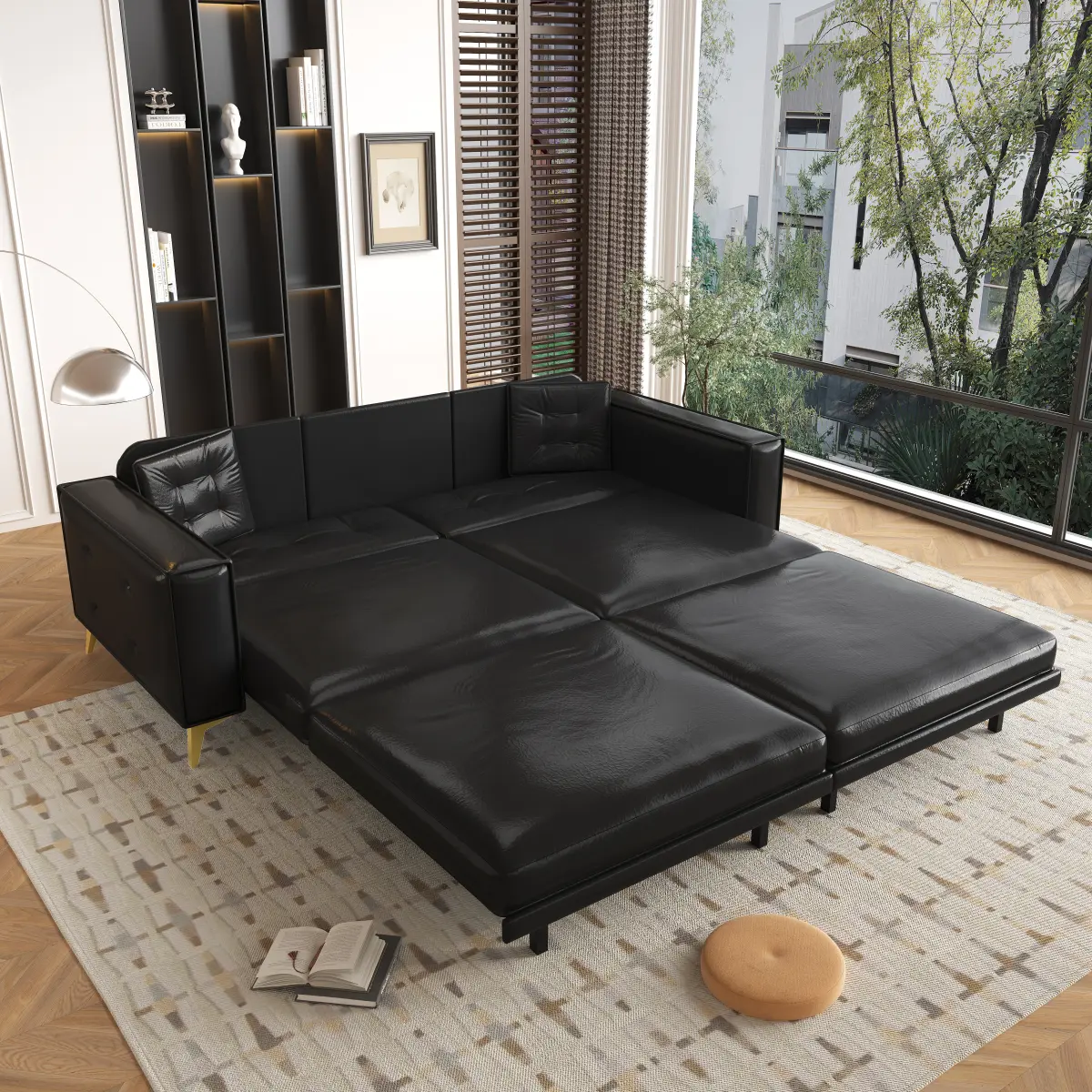 Aobtkel92.1"King Size Pull Out Sofa Bed,3-in-1 Faux Leather Convertible Sleeper Sofa with Ultra Wide Armrests,Tufted Modern Sofa,4-Seater Couch with 2 Pillows for Living Room,Light Brown,Convertible Sofa Bed with Storagefor Living Room, Apartment