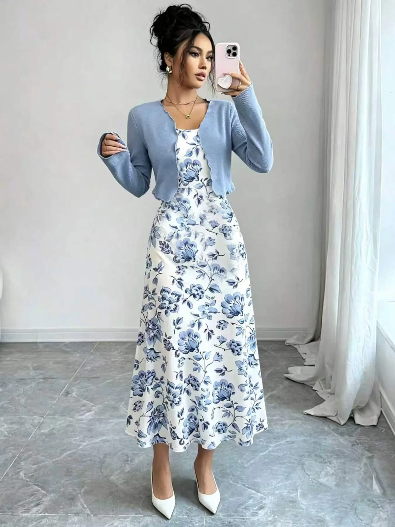 Women's French Style Sweet Two-Piece Set, Blue Floral Print Halter Long Dress + Lace Short Knit Jacket, All Seasons Fashion
