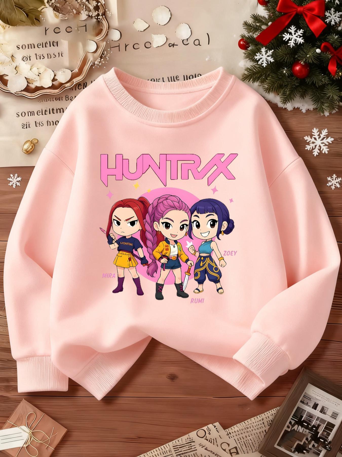 Kpop Anime Cartoon Print Elastic Fabric Girls' Casual Fitted Cute Sweatshirt, Youth Sports Wear for Outdoor & Indoor Activities