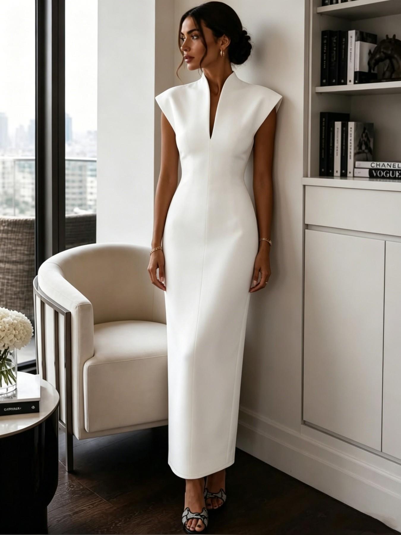 2026 Summer New Stand Collar V Neck Sleeveless High Waist Bodycon Dress, Solid Color Elegant Slimming Party Gown, Fashionable A-Line Skirt