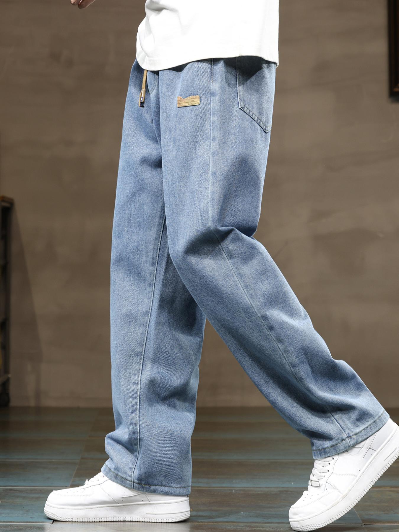 Men's elastic waist straight-leg plus-size jeans, Denim, comfortable and loose street-style bottoms, perfect for daily casual wear, urban street looks, and weekend fashion styles