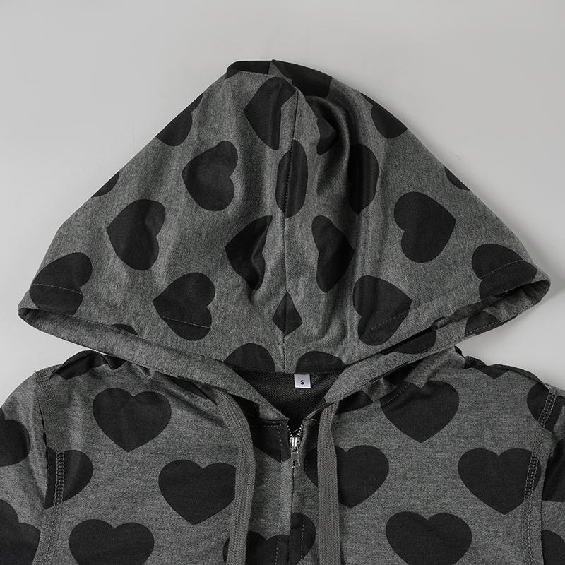 Vintage Y2K Aesthetic Slim Fit Heart Print Zipper Short Jacket, Street Style Casual Hooded Sweatshirt Coat with Pockets, Fashion Fitted Outerwear