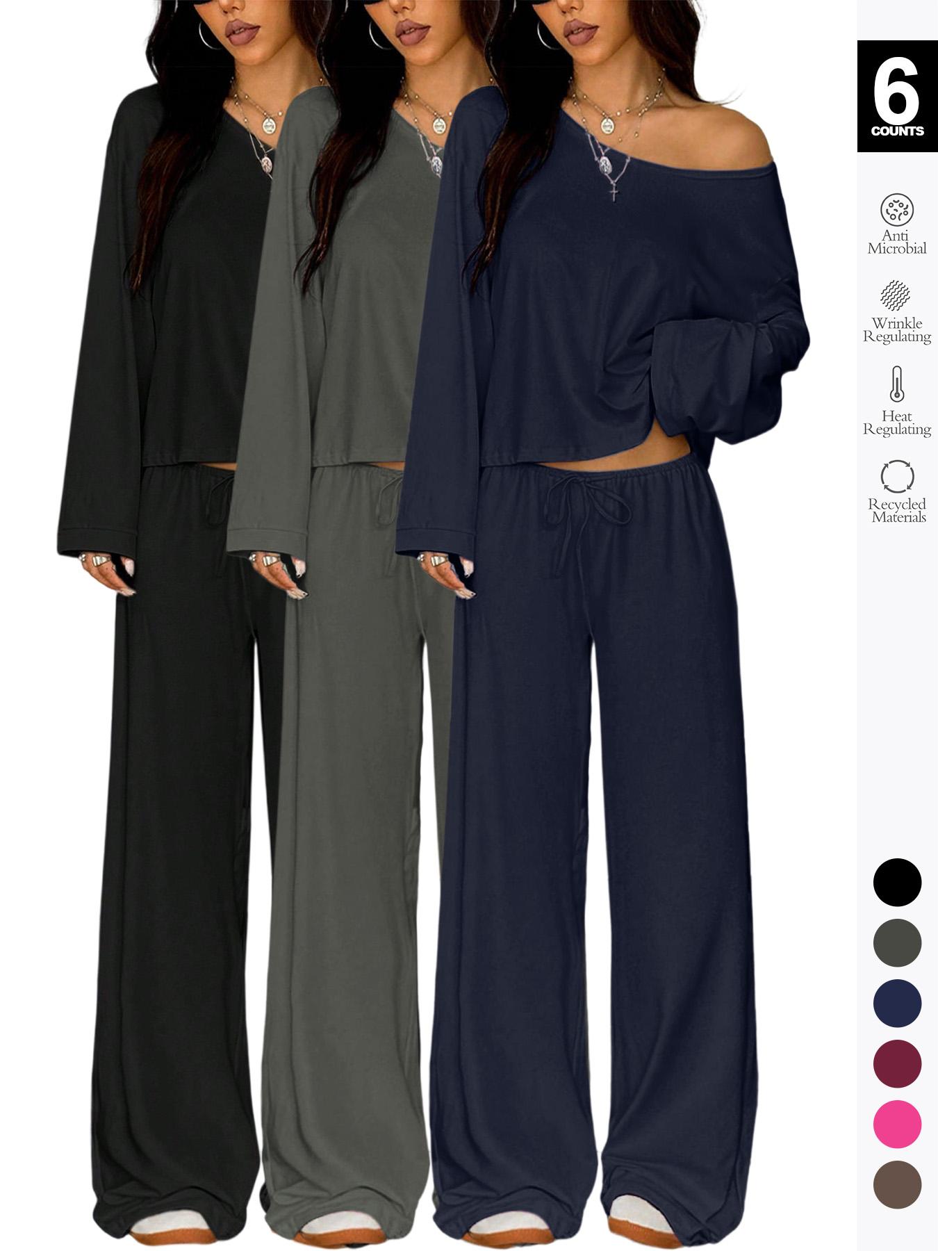 Women's 2-Piece Sleepwear Set, Elegant Solid Color Loose-Fit Long Sleeve Thermal Top and Pants, Pajama Set for Autumn and Winter