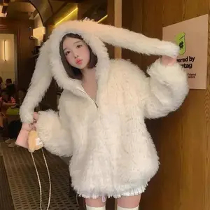 Cute Rabbit Ears Faux Fur Coat Women Thickened Loose Jacket  Autumn Winter New Arrival Warm Soft Outerwear