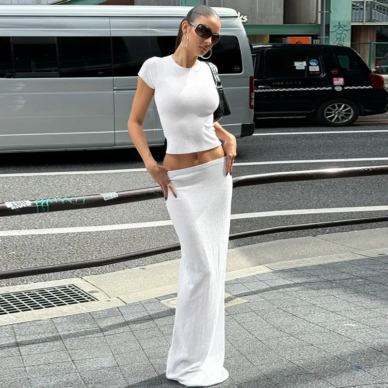 Solid 2 Piece Matching Set Short‑Sleeve Crop Top High Waist Bodycon Maxi Skirt Casual Outfit For Women