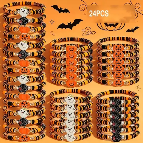 24Pcs Bulk Unisex Beaded Bracelets Set - Stretchy Stacked Bracelets with Random Halloween Motifs, Cute Halloween Stuff, Fall Party Favors Costume Accessories Gifts