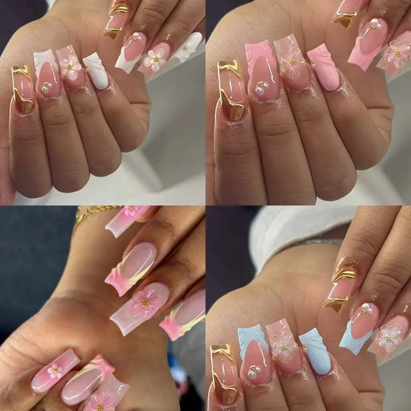 96pcs French Nail Stickers, Square Long Nails, 3D Gel Flowers, Pearls, Steel Beads, Summer Manicure Kit, Perfect for Parties