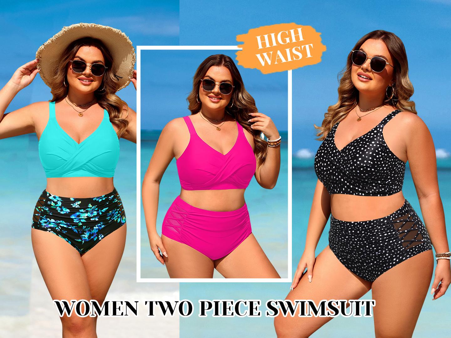 Tempt Me Plus Size Two Piece Swimsuit - High Waisted Bikini Set Tummy Control Bathing Suits for Women