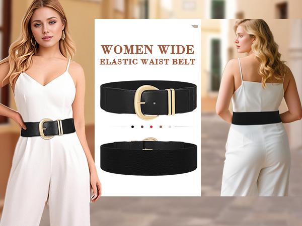 JASGOOD Women Wide Elastic Waist Belt for Dresses Fashion Gold Buckle Stretchy Leather Waistband for Ladies