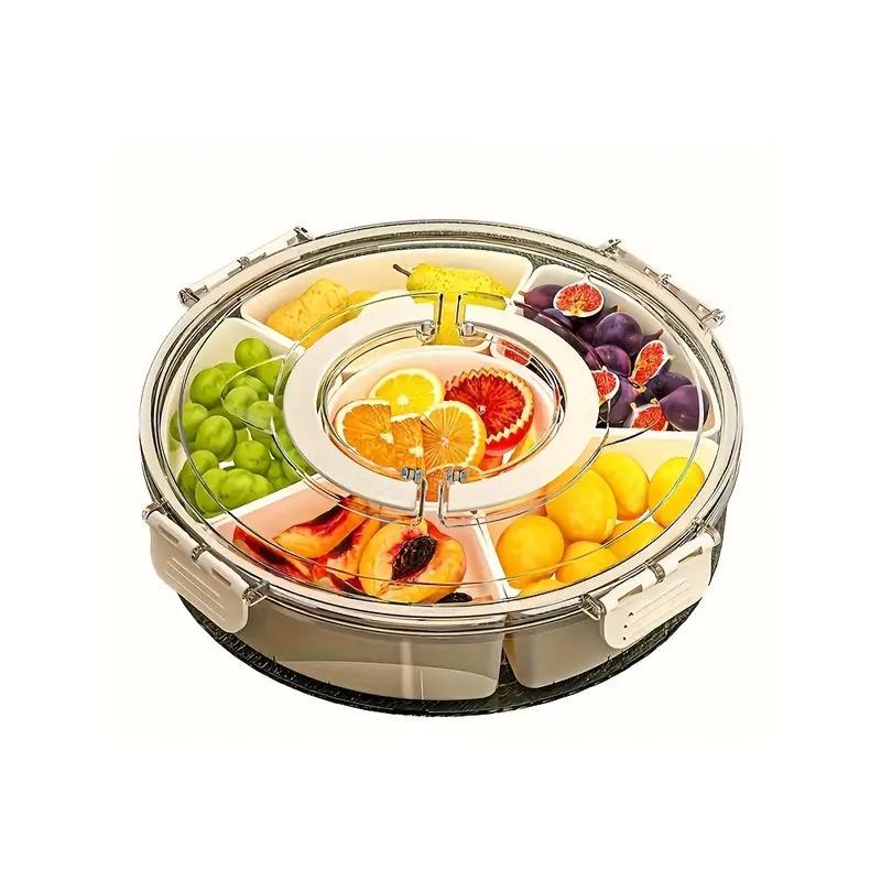 Rotating Snack Tray with Lid & Handle, Multi Compartment Fruit Veggie Serving Platter, Durable PP Material, Perfect for Tacos, Party, Travel, Snack Containers