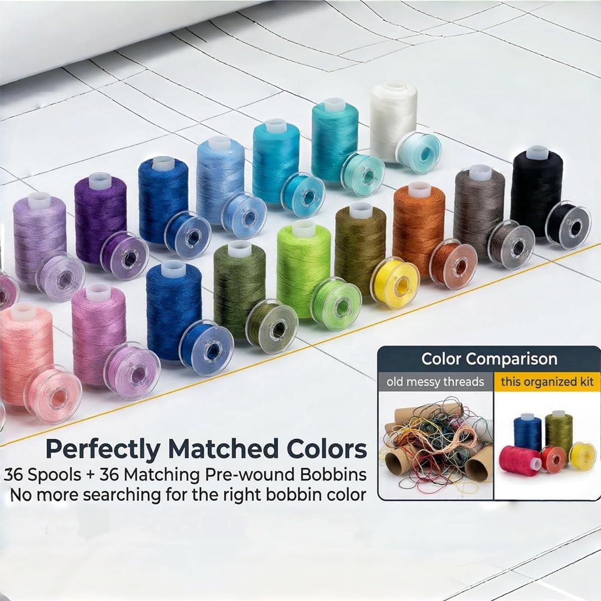 72PCS Sewing Thread Kit with 36 Prewound Bobbins, 36 Colors Polyester Thread Set, 400 Yards per Spool, Sturdy and resistant thread, Compatible with most sewing machines, for Sewing Machine & Hand Sewing, Quilting, Embroidery, Repairs, DIY Crafts