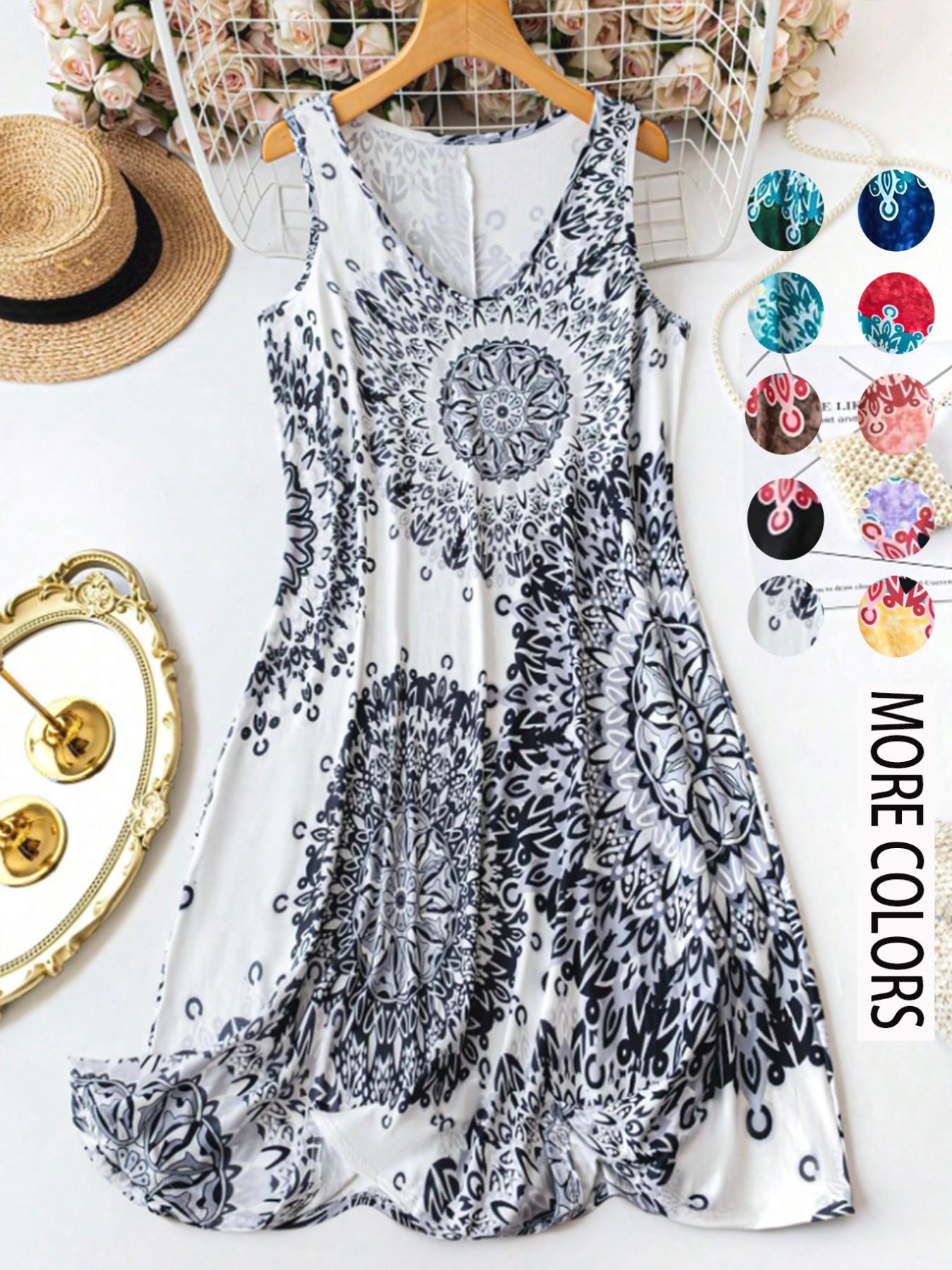 Women's Plus Size All Over Print Tank Dress. Casual Basic Sleeveless Dress. Comfortable and Stylish. Perfect for Vacation and Home Use. Boho. Bohemian