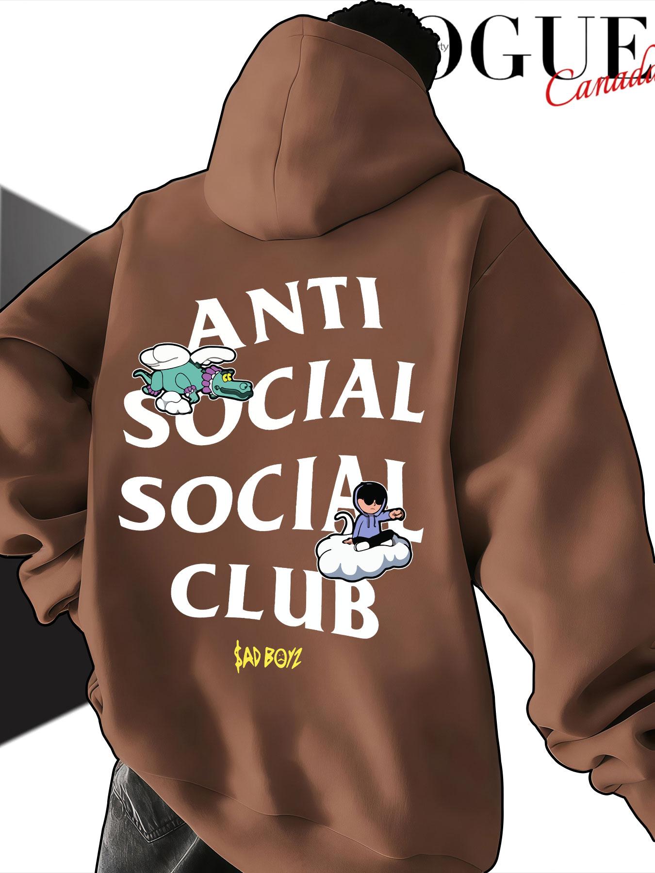 Men's Hooded Sweatshirt Fall Anti Social Social Club Cartoon Print, Casual Loose-Fit Streetwear, Trendy Drop Shoulder Top