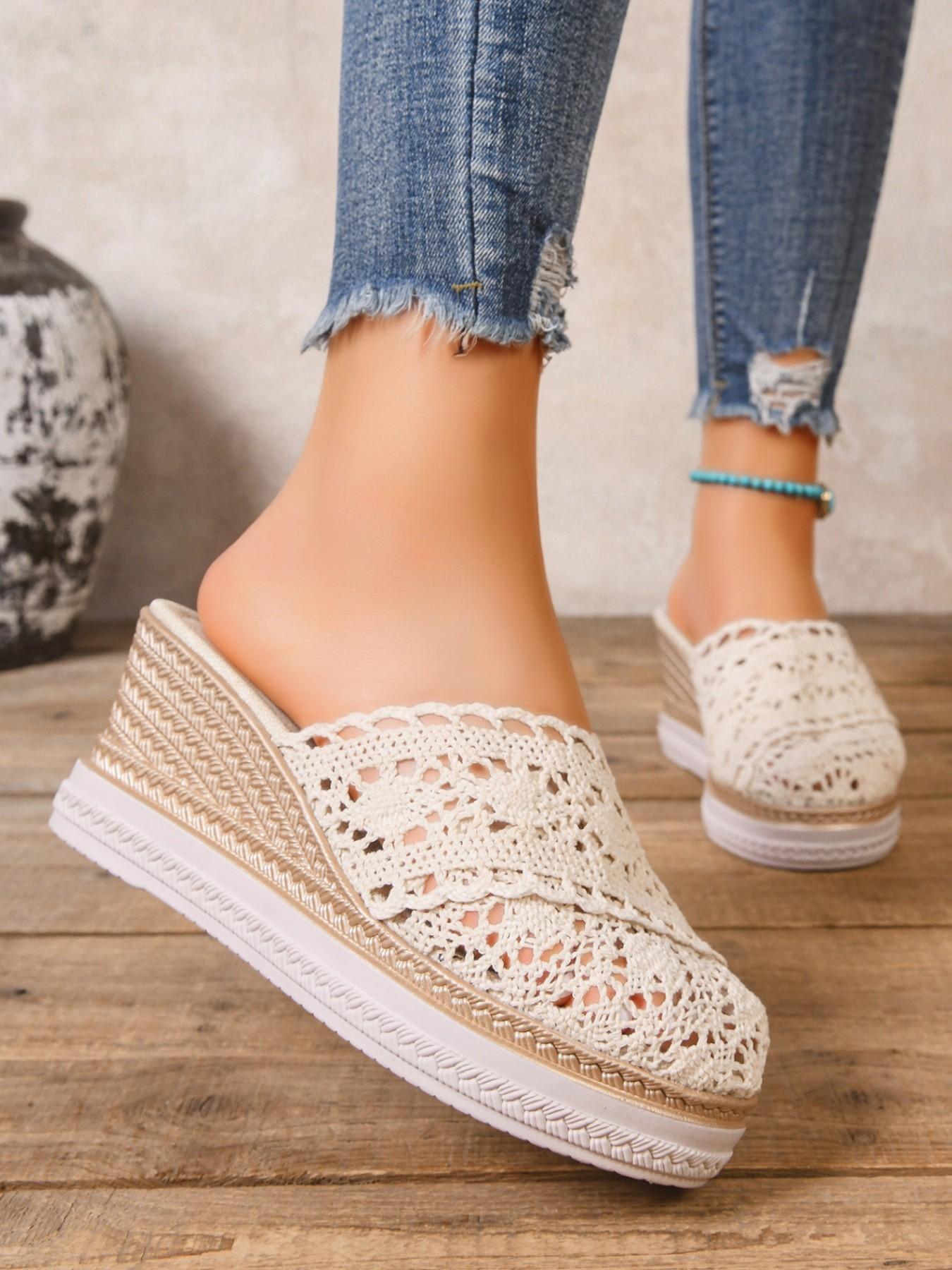 Women's Hollow Out Crochet Wedge Mules, Summer Straw Thick Sole Slip-On Sandals, Height-Boosting Slimming Outdoor Flip Flops