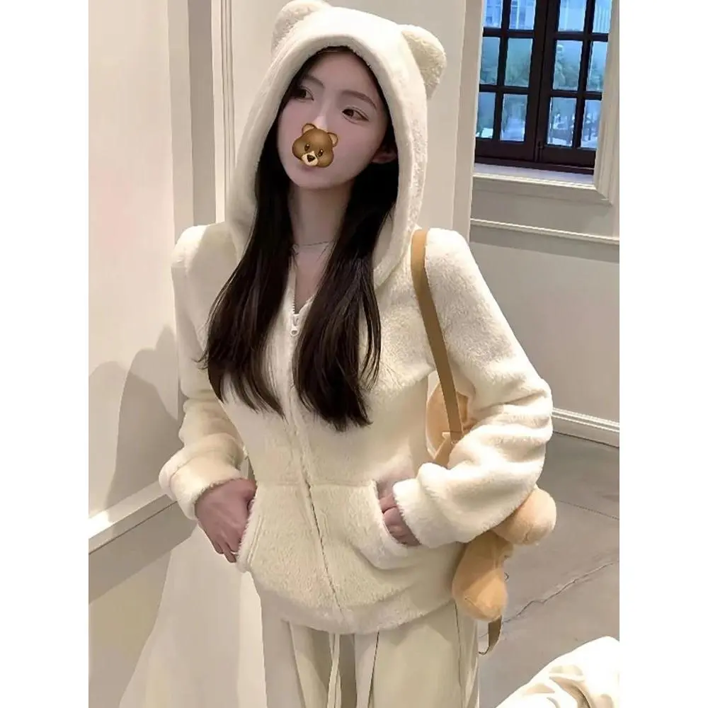 Kawaii Plush Hoodie Women Bear Ear Zip Jacket Soft Warm Fleece Coat Korean Sweet Girl Winter Outerwear Cute Fashion Trend