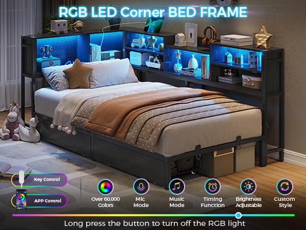 Hasuit Twin Corner Bed Frame with Storage Bookcase, Twin Size Daybed with 2 Underneath Storage Drawers, Kids Bed Unit with Charging Station and LED Light, Modern Teenagers Bedframe