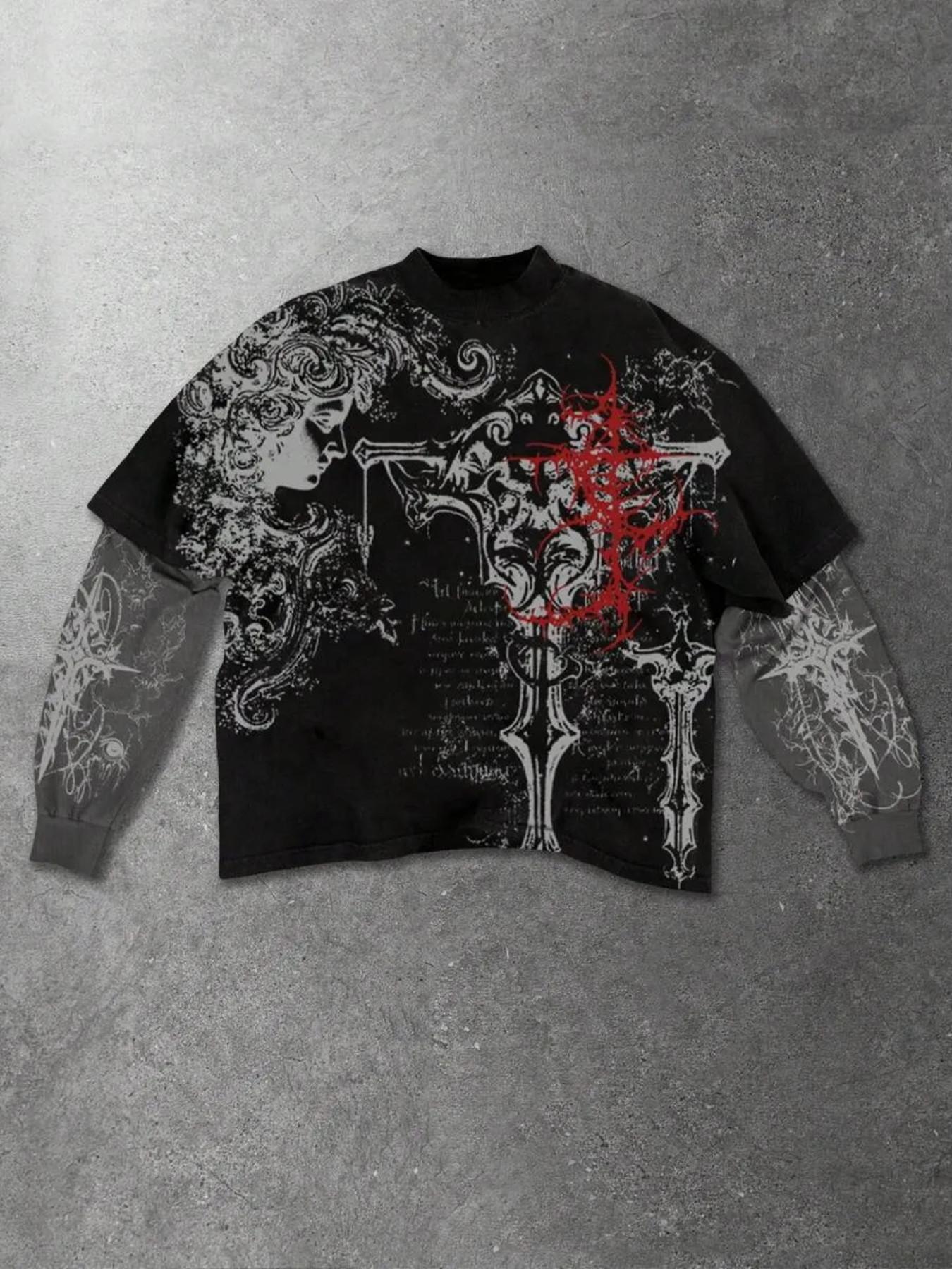 Gothic Style Streetwear Men's Long Sleeve Mock Two-Piece Black T