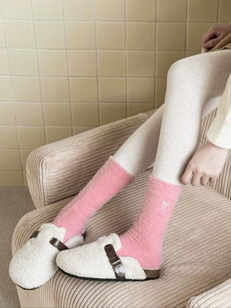 Women's Winter Socks Set, 5 Pairs Faux Fur Butterfly Knot Design, Cute Sweet Mid-Calf Sleepwear Warm Thickened Socks for Women