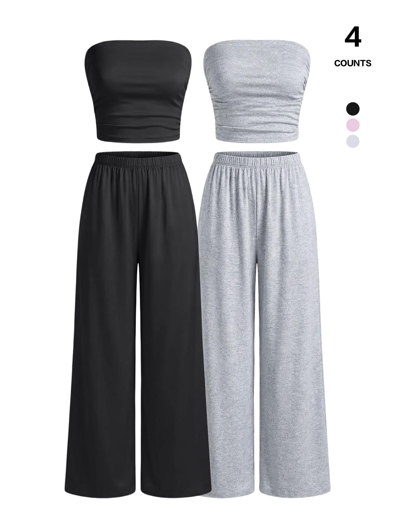 Women's 2 Piece Knit Lounge Set Strapless Tube Top and High Waisted Wide Leg Pants Casual Sweatsuit