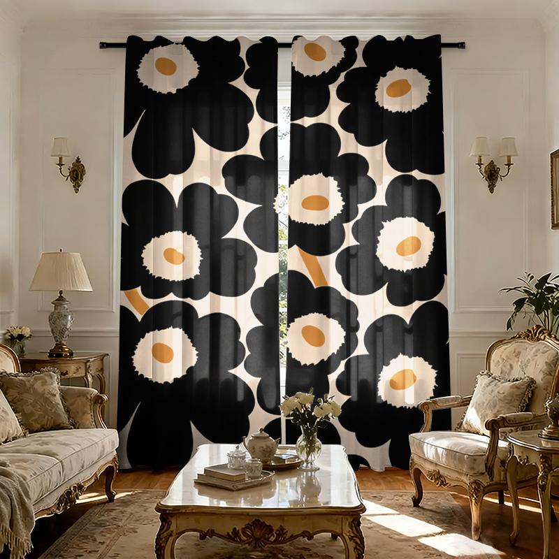 2-piece Spring & Summer Flower Cartoon Print Rod Pocket Curtains, Modern Knit Polyester Curtains, Suitable for Bedroom, Kitchen, Office, Living Room - Machine Washable, Versatile Room Decor, Living Room Curtains